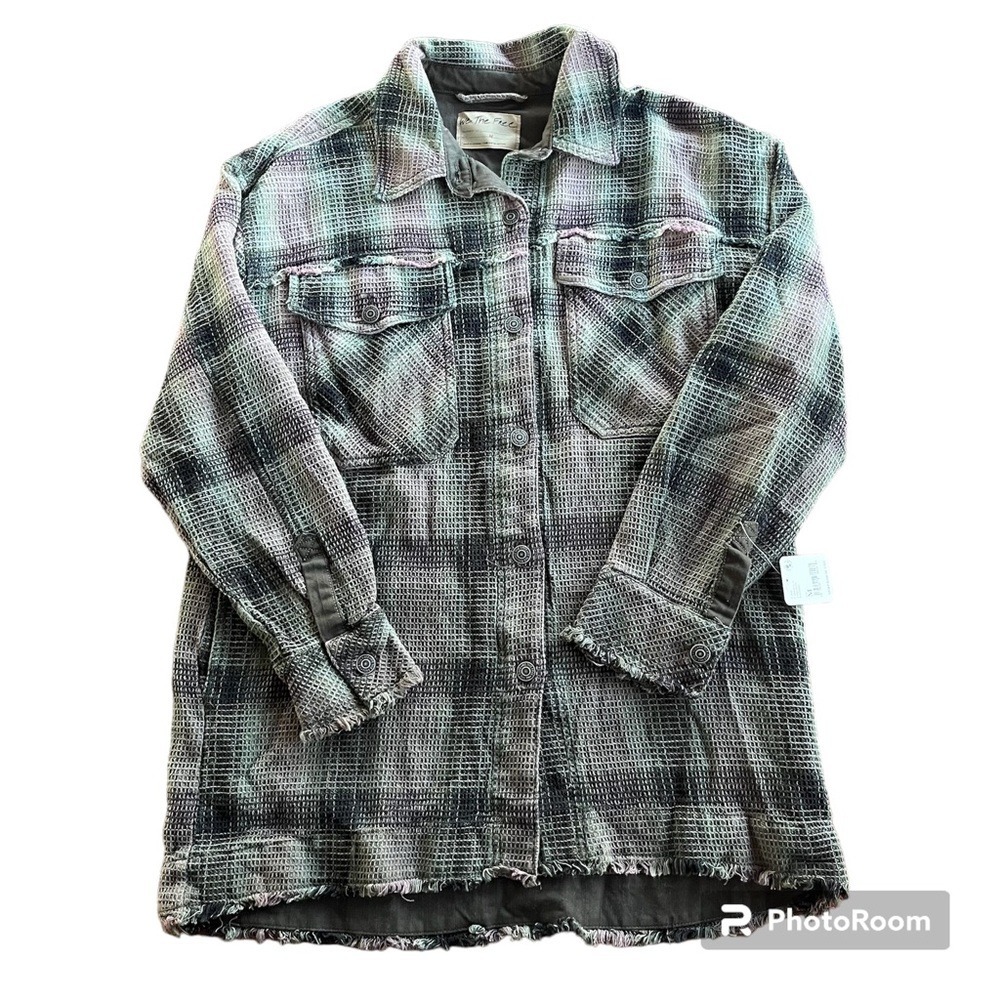Free People We The Free Size M Spanish Olive Plaid Waffle Knit Shacket OB1119779